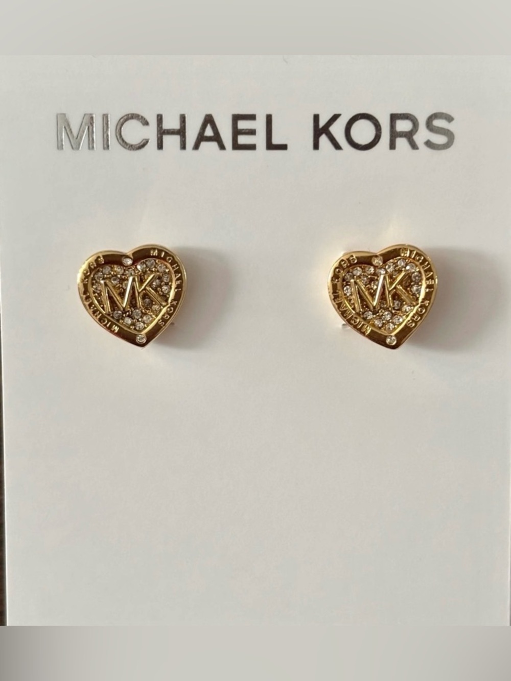 Michael Kors Gold Heart MK Logo Pave Crystal Stud Earrings
